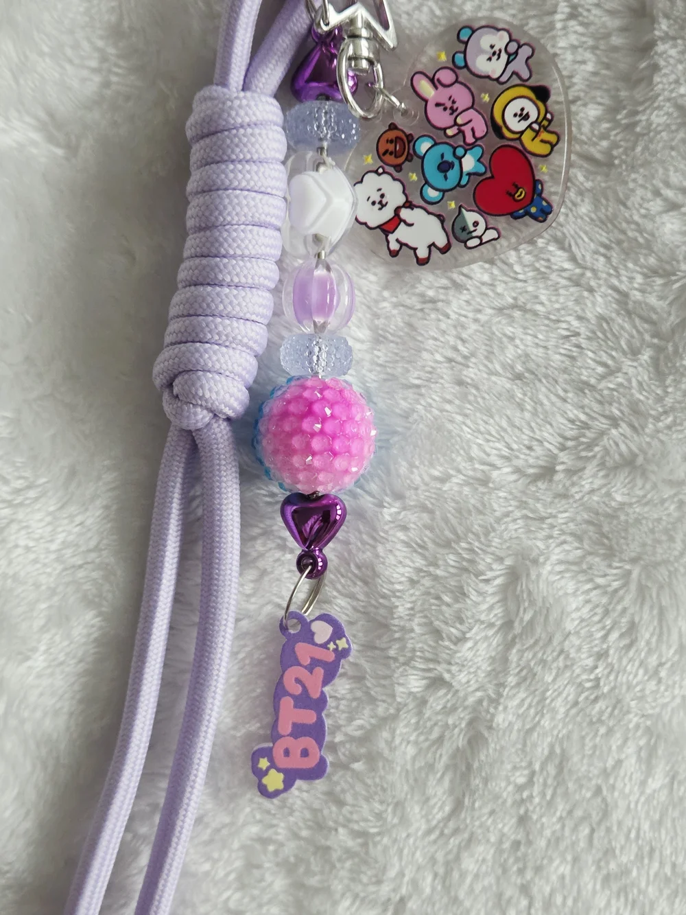 BT21 BTS Lavender Heart Clip Keychain with Bead Charm Kpop Bag Charm